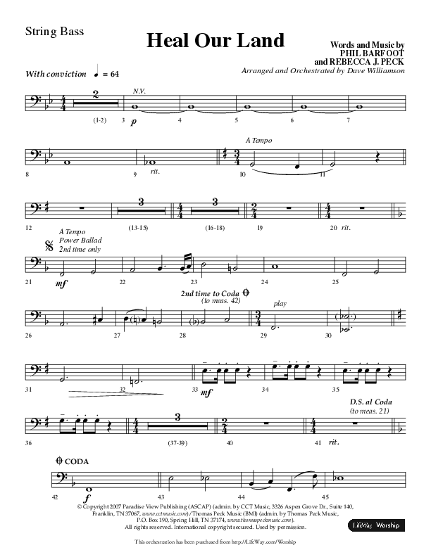 Heal Our Land (Choral Anthem SATB) String Bass (Lifeway Choral / Arr. Dave Williamson)