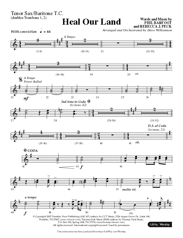 Heal Our Land (Choral Anthem SATB) Tenor Sax/Baritone T.C. (Lifeway Choral / Arr. Dave Williamson)