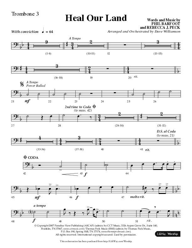 Heal Our Land (Choral Anthem SATB) Trombone 3 (Lifeway Choral / Arr. Dave Williamson)