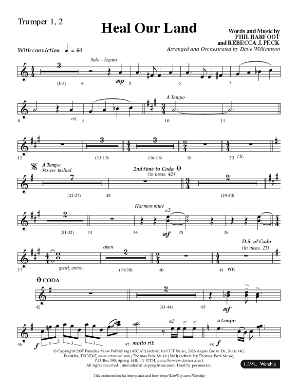 Heal Our Land (Choral Anthem SATB) Trumpet 1,2 (Lifeway Choral / Arr. Dave Williamson)