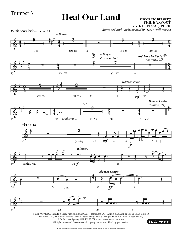Heal Our Land (Choral Anthem SATB) Trumpet 3 (Lifeway Choral / Arr. Dave Williamson)