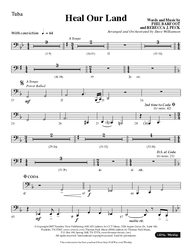 Heal Our Land (Choral Anthem SATB) Tuba (Lifeway Choral / Arr. Dave Williamson)