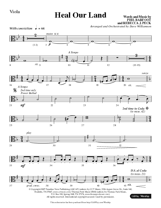 Heal Our Land (Choral Anthem SATB) Viola (Lifeway Choral / Arr. Dave Williamson)