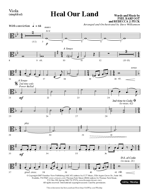 Heal Our Land (Choral Anthem SATB) Viola (Lifeway Choral / Arr. Dave Williamson)