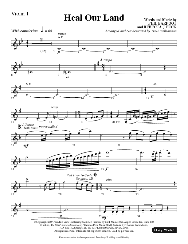 Heal Our Land (Choral Anthem SATB) Violin 1 (Lifeway Choral / Arr. Dave Williamson)