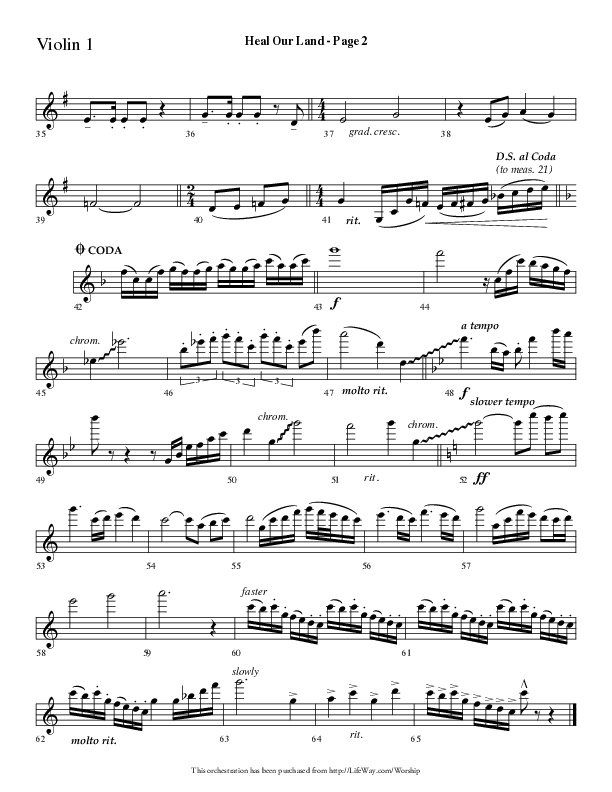 Heal Our Land (Choral Anthem SATB) Violin 1 (Lifeway Choral / Arr. Dave Williamson)