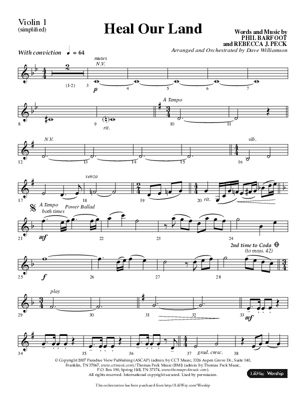 Heal Our Land (Choral Anthem SATB) Violin 1 (Lifeway Choral / Arr. Dave Williamson)