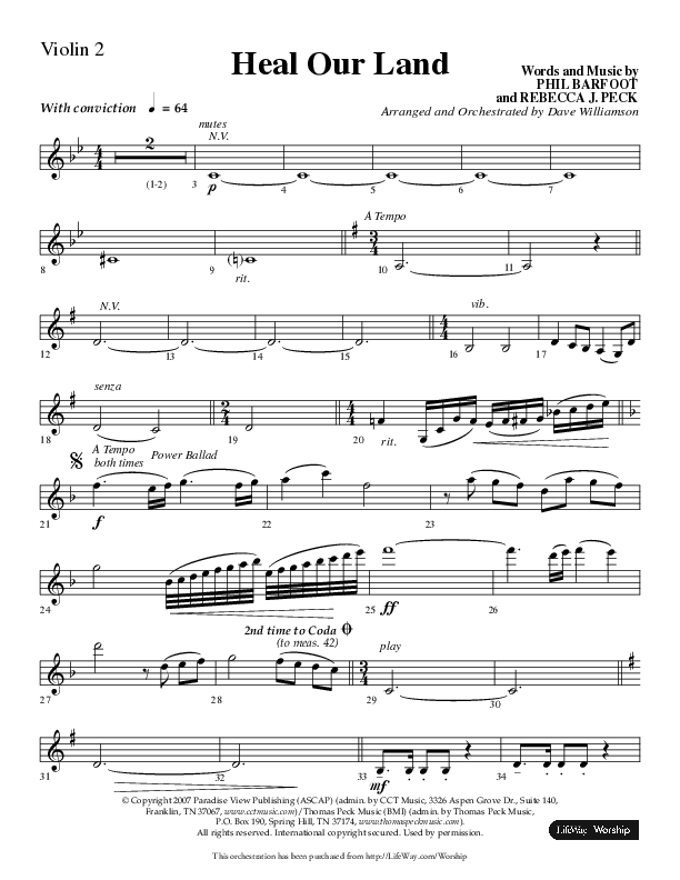 Heal Our Land (Choral Anthem SATB) Violin 2 (Lifeway Choral / Arr. Dave Williamson)