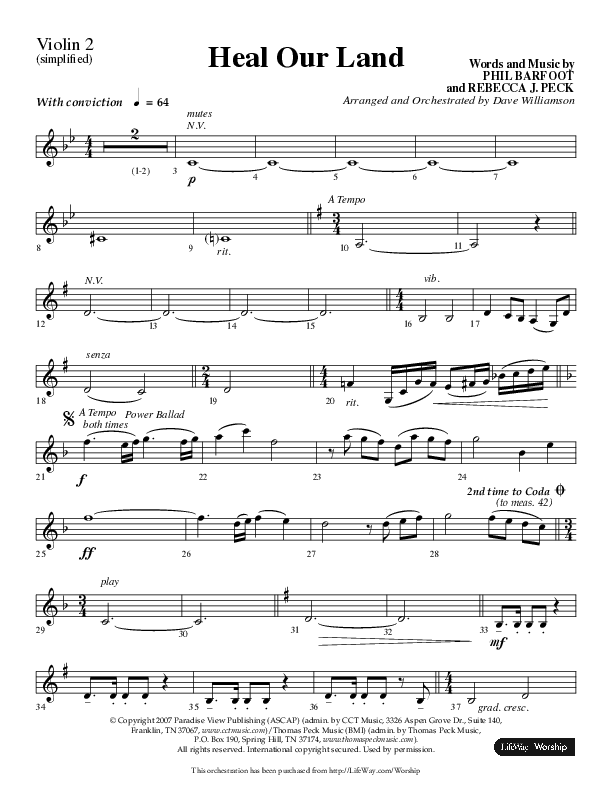 Heal Our Land (Choral Anthem SATB) Violin 2 (Lifeway Choral / Arr. Dave Williamson)