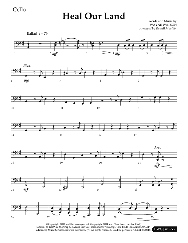 Heal Our Land (Choral Anthem SATB) Cello (Lifeway Choral / Arr. Russell Mauldin)