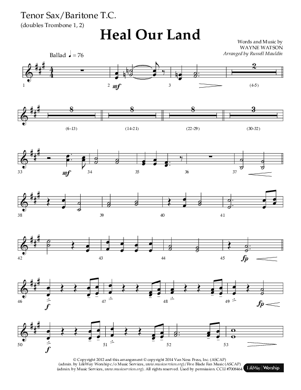 Heal Our Land (Choral Anthem SATB) Tenor Sax/Baritone T.C. (Lifeway Choral / Arr. Russell Mauldin)