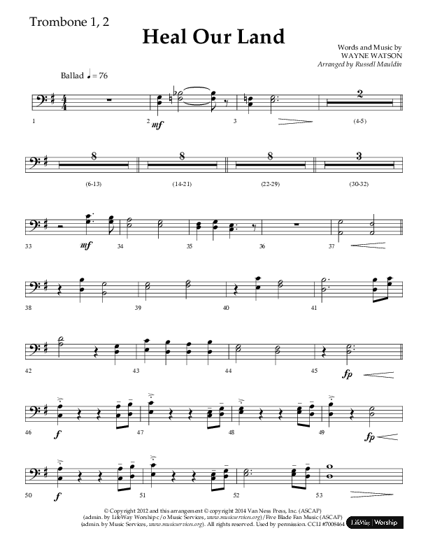 Heal Our Land (Choral Anthem SATB) Trombone 1/2 (Lifeway Choral / Arr. Russell Mauldin)