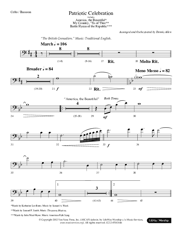 Patriotic Celebration (Choral Anthem SATB) Cello (Lifeway Choral / Arr. Dennis Allen)