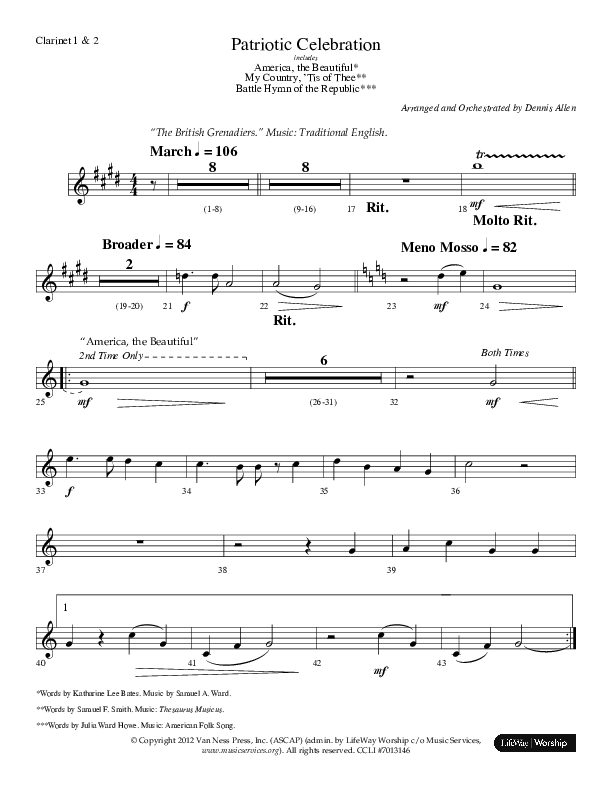 Patriotic Celebration (Choral Anthem SATB) Clarinet 1/2 (Lifeway Choral / Arr. Dennis Allen)