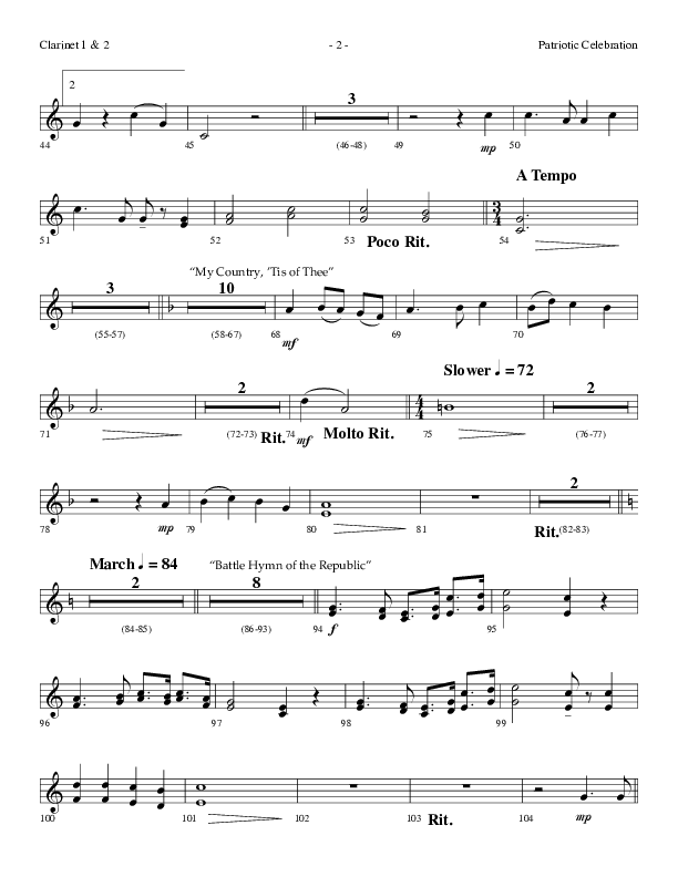 Patriotic Celebration (Choral Anthem SATB) Clarinet 1/2 (Lifeway Choral / Arr. Dennis Allen)