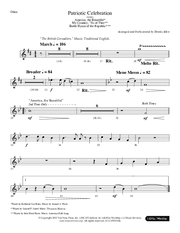 Patriotic Celebration (Choral Anthem SATB) Oboe (Lifeway Choral / Arr. Dennis Allen)