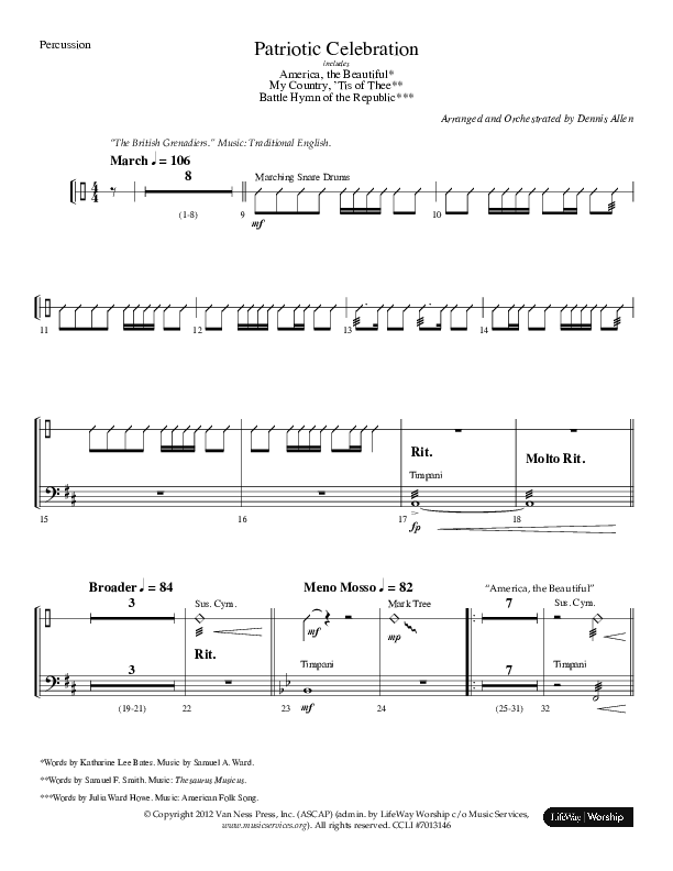 Patriotic Celebration (Choral Anthem SATB) Percussion (Lifeway Choral / Arr. Dennis Allen)