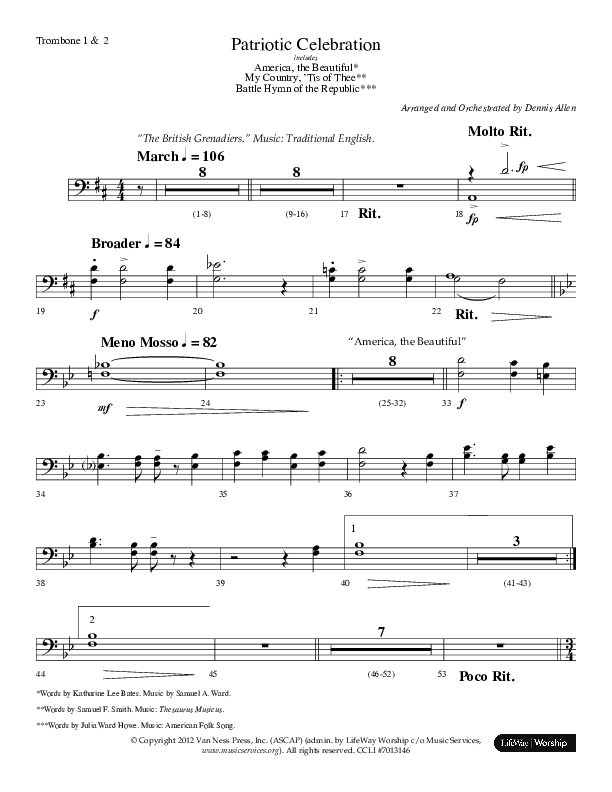 Patriotic Celebration (Choral Anthem SATB) Trombone 1/2 (Lifeway Choral / Arr. Dennis Allen)