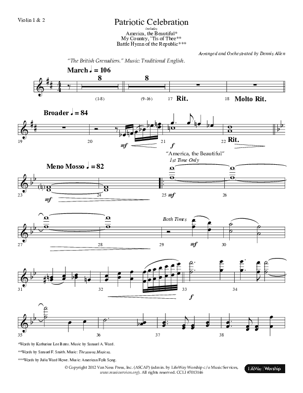 Patriotic Celebration (Choral Anthem SATB) Violin 1/2 (Lifeway Choral / Arr. Dennis Allen)