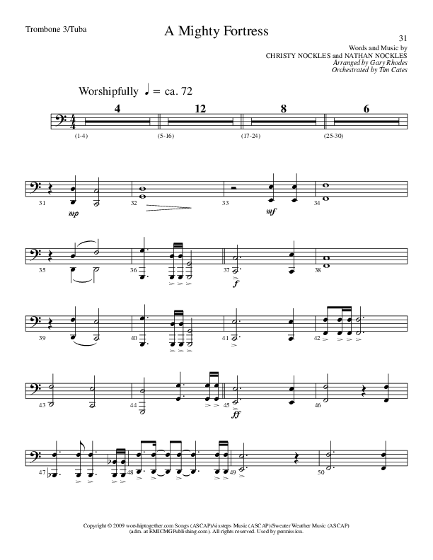 A Mighty Fortress (Choral Anthem SATB) Trombone 3/Tuba (Lillenas Choral / Arr. Gary Rhodes / Orch. Tim Cates)