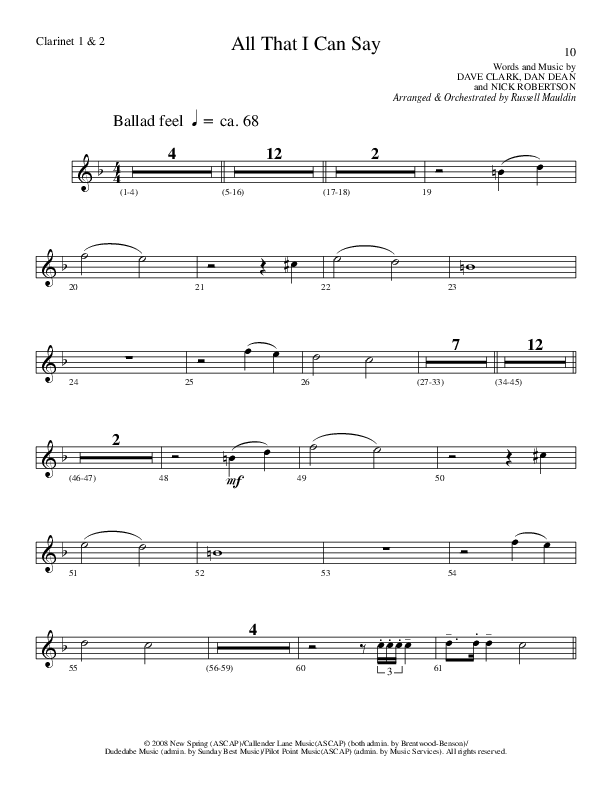 All That I Can Say (Choral Anthem SATB) Clarinet 1/2 (Lillenas Choral / Arr. Russel Mauldin)