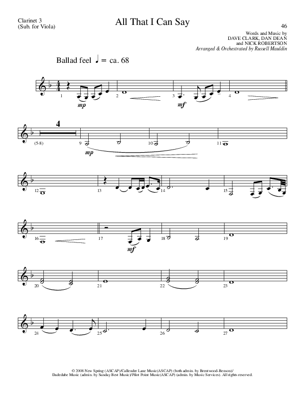 All That I Can Say (Choral Anthem SATB) Clarinet 3 (Lillenas Choral / Arr. Russel Mauldin)