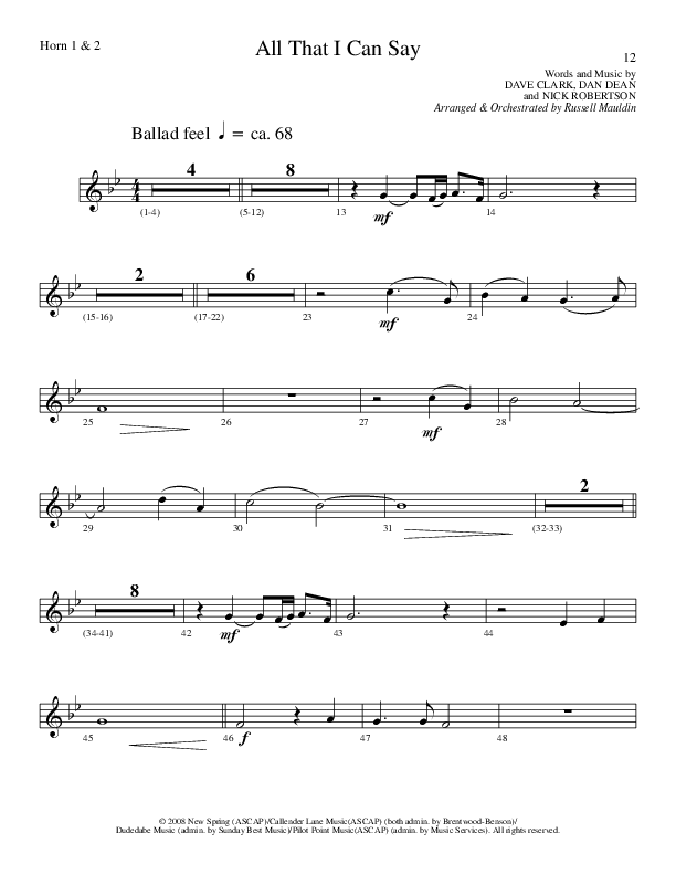 All That I Can Say (Choral Anthem SATB) French Horn 1/2 (Lillenas Choral / Arr. Russel Mauldin)