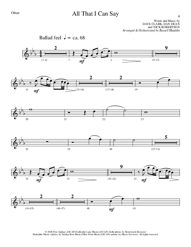 All That I Can Say (Choral Anthem SATB) Oboe (Lillenas Choral / Arr. Russel Mauldin)