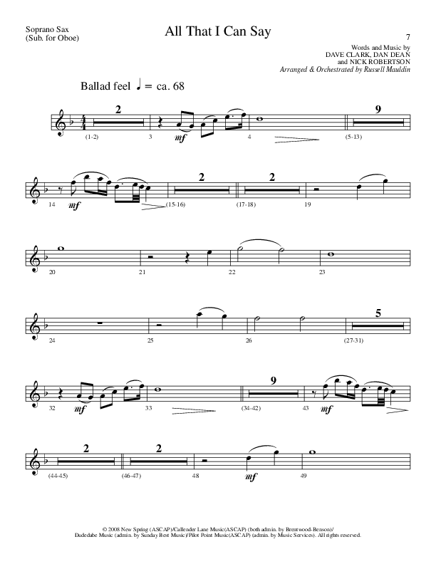 All That I Can Say (Choral Anthem SATB) Soprano Sax (Lillenas Choral / Arr. Russel Mauldin)
