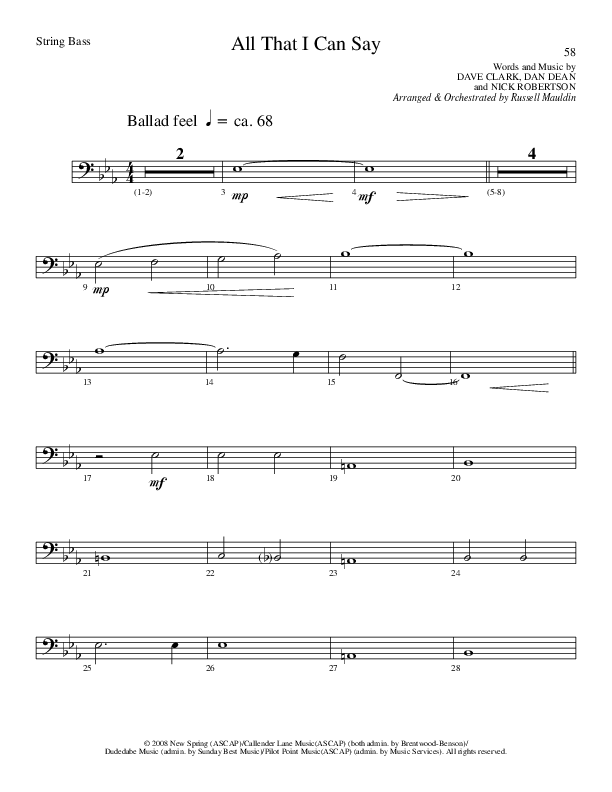 All That I Can Say (Choral Anthem SATB) String Bass (Lillenas Choral / Arr. Russel Mauldin)
