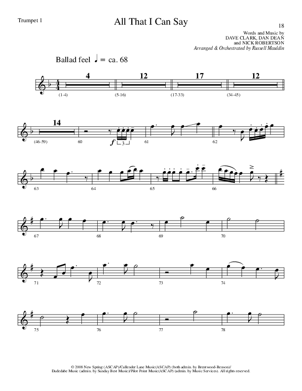 All That I Can Say (Choral Anthem SATB) Trumpet 1 (Lillenas Choral / Arr. Russel Mauldin)