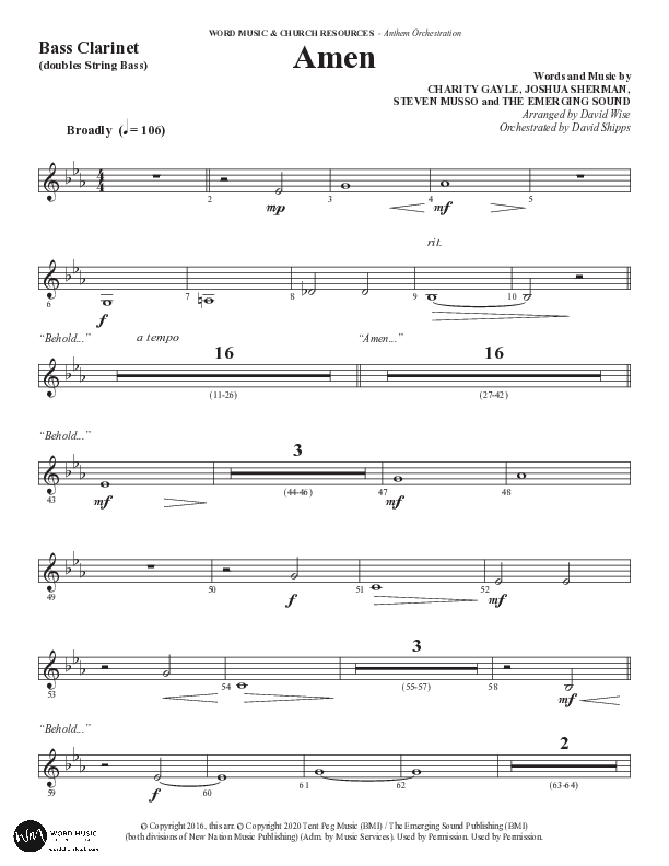 Amen (Choral Anthem SATB) Bass Clarinet (Word Music / Arr. David Wise / Orch. David Shipps)