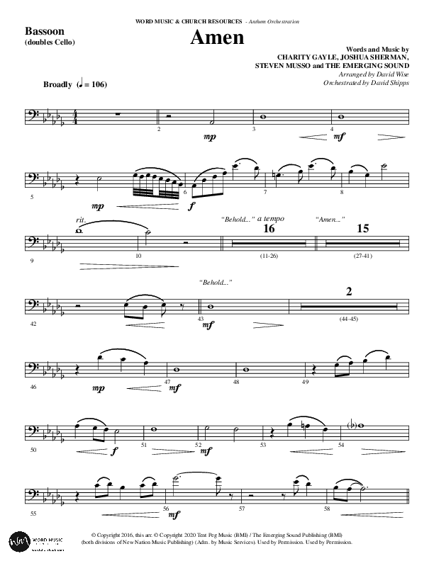 Amen (Choral Anthem SATB) Bassoon (Word Music / Arr. David Wise / Orch. David Shipps)