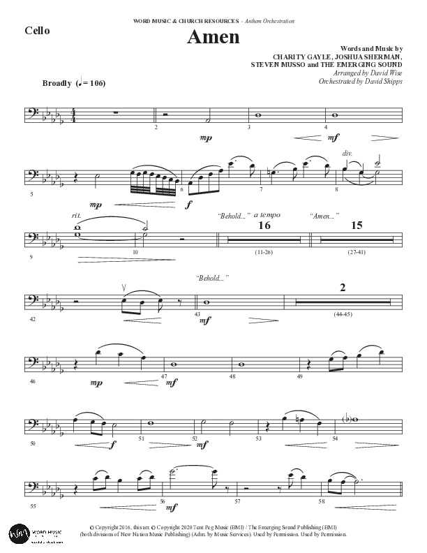 Amen (Choral Anthem SATB) Cello (Word Music / Arr. David Wise / Orch. David Shipps)