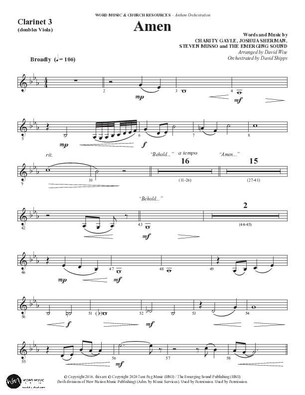 Amen (Choral Anthem SATB) Clarinet 3 (Word Music / Arr. David Wise / Orch. David Shipps)