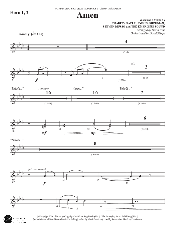 Amen (Choral Anthem SATB) French Horn 1/2 (Word Music / Arr. David Wise / Orch. David Shipps)