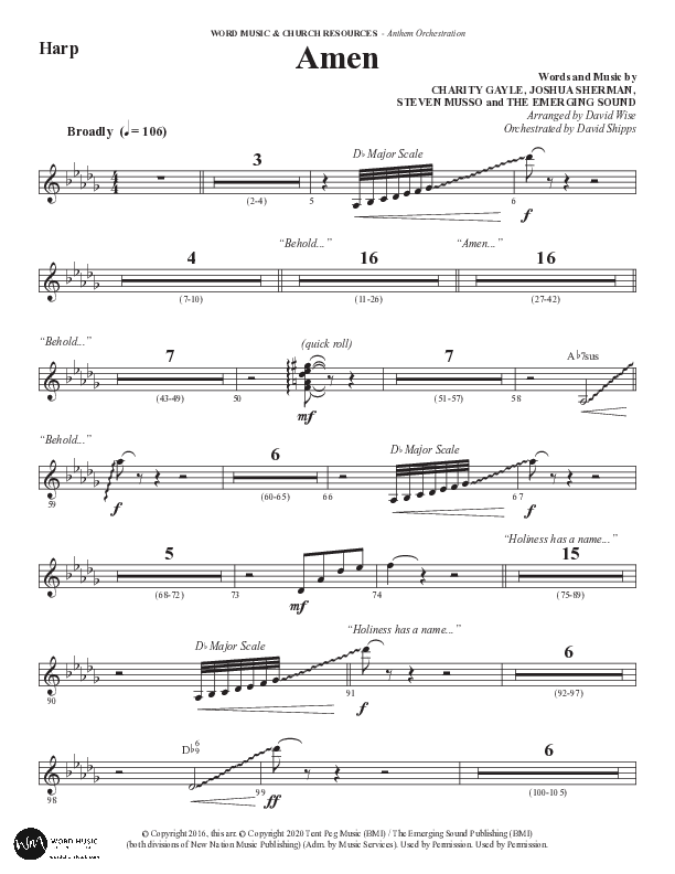 Amen (Choral Anthem SATB) Harp (Word Music / Arr. David Wise / Orch. David Shipps)