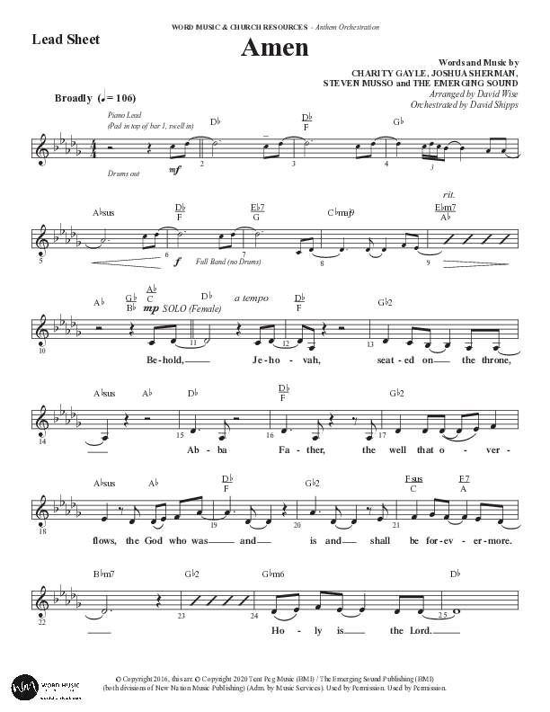 Amen (Choral Anthem SATB) Lead Sheet (Melody) (Word Music / Arr. David Wise / Orch. David Shipps)
