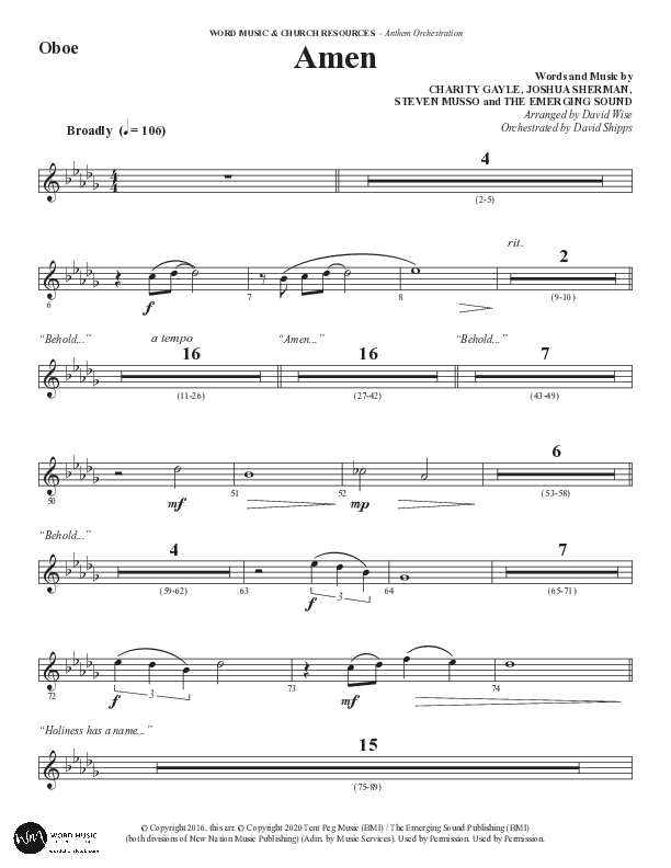 Amen (Choral Anthem SATB) Oboe (Word Music / Arr. David Wise / Orch. David Shipps)