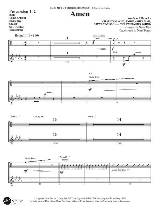 Amen (Choral Anthem SATB) Percussion 1/2 (Word Music / Arr. David Wise / Orch. David Shipps)