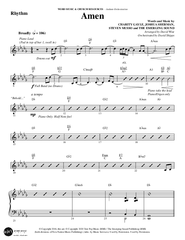 Amen (Choral Anthem SATB) Rhythm Chart (Word Music / Arr. David Wise / Orch. David Shipps)