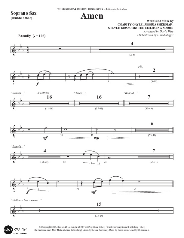 Amen (Choral Anthem SATB) Soprano Sax (Word Music / Arr. David Wise / Orch. David Shipps)