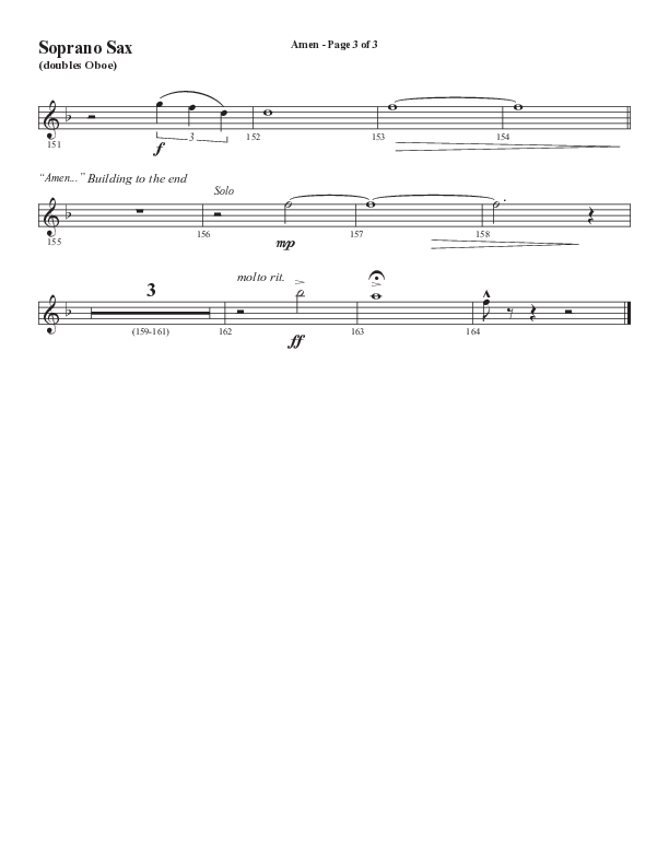 Amen (Choral Anthem SATB) Soprano Sax (Word Music / Arr. David Wise / Orch. David Shipps)