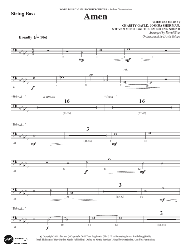 Amen (Choral Anthem SATB) String Bass (Word Music / Arr. David Wise / Orch. David Shipps)