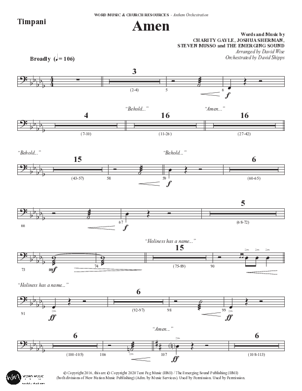 Amen (Choral Anthem SATB) Timpani (Word Music / Arr. David Wise / Orch. David Shipps)