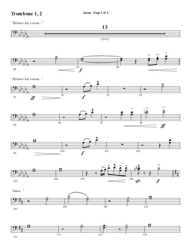 Amen (Choral Anthem SATB) Trombone 1/2 (Word Music / Arr. David Wise / Orch. David Shipps)
