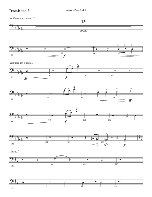 Amen (Choral Anthem SATB) Trombone 3 (Word Music / Arr. David Wise / Orch. David Shipps)