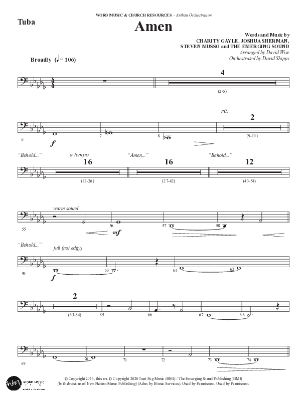 Amen (Choral Anthem SATB) Tuba (Word Music / Arr. David Wise / Orch. David Shipps)
