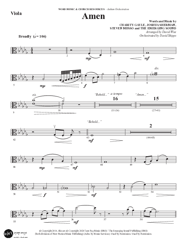 Amen (Choral Anthem SATB) Viola (Word Music / Arr. David Wise / Orch. David Shipps)