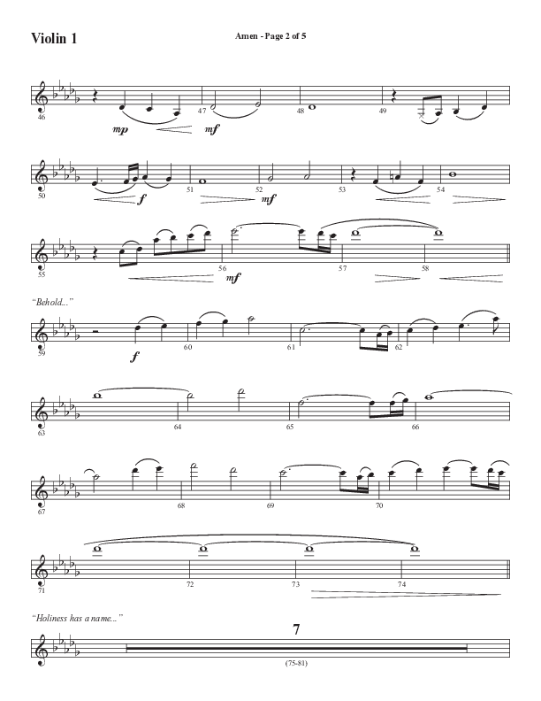 Amen (Choral Anthem SATB) Violin 1 (Word Music / Arr. David Wise / Orch. David Shipps)
